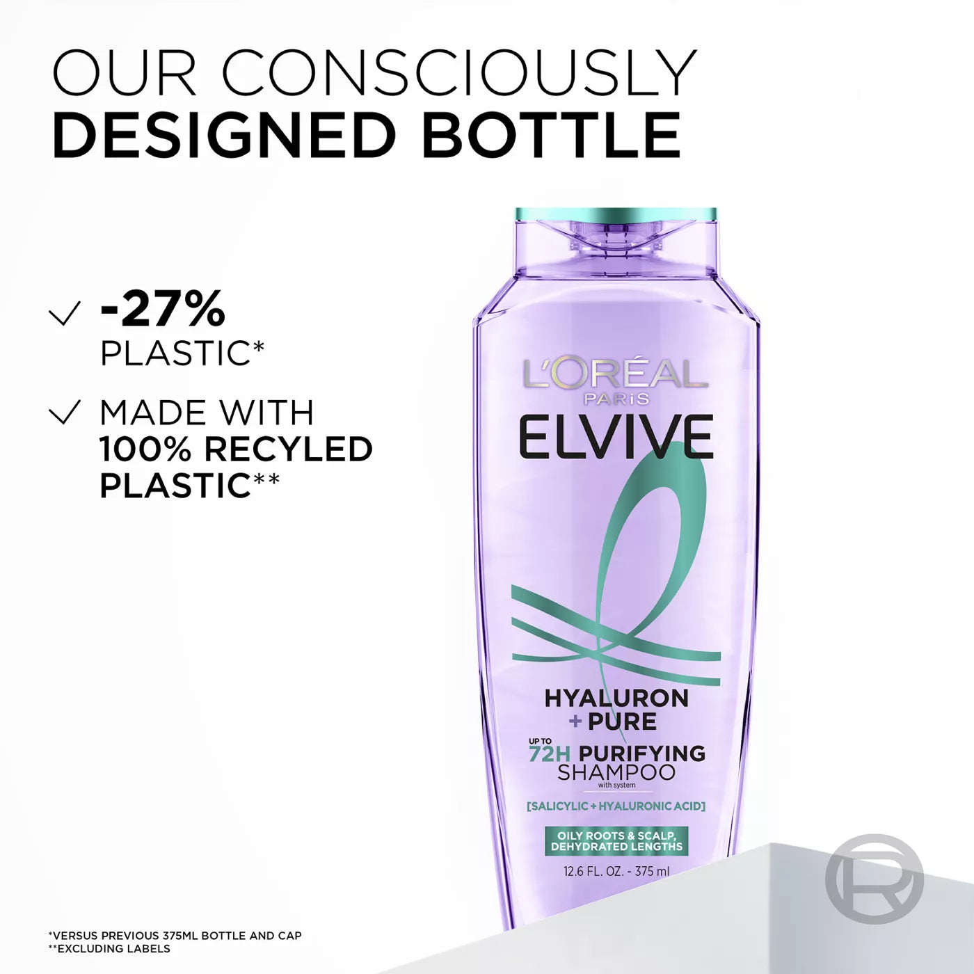 LOREAL PARIS Elvive Hyaluron + Pure Up to 72H Rehydrating Shampoo - Oily Roots & Scalp Dehydrated Length's  لوريال باريس شامبو ترطيب حتى 72 ساعة