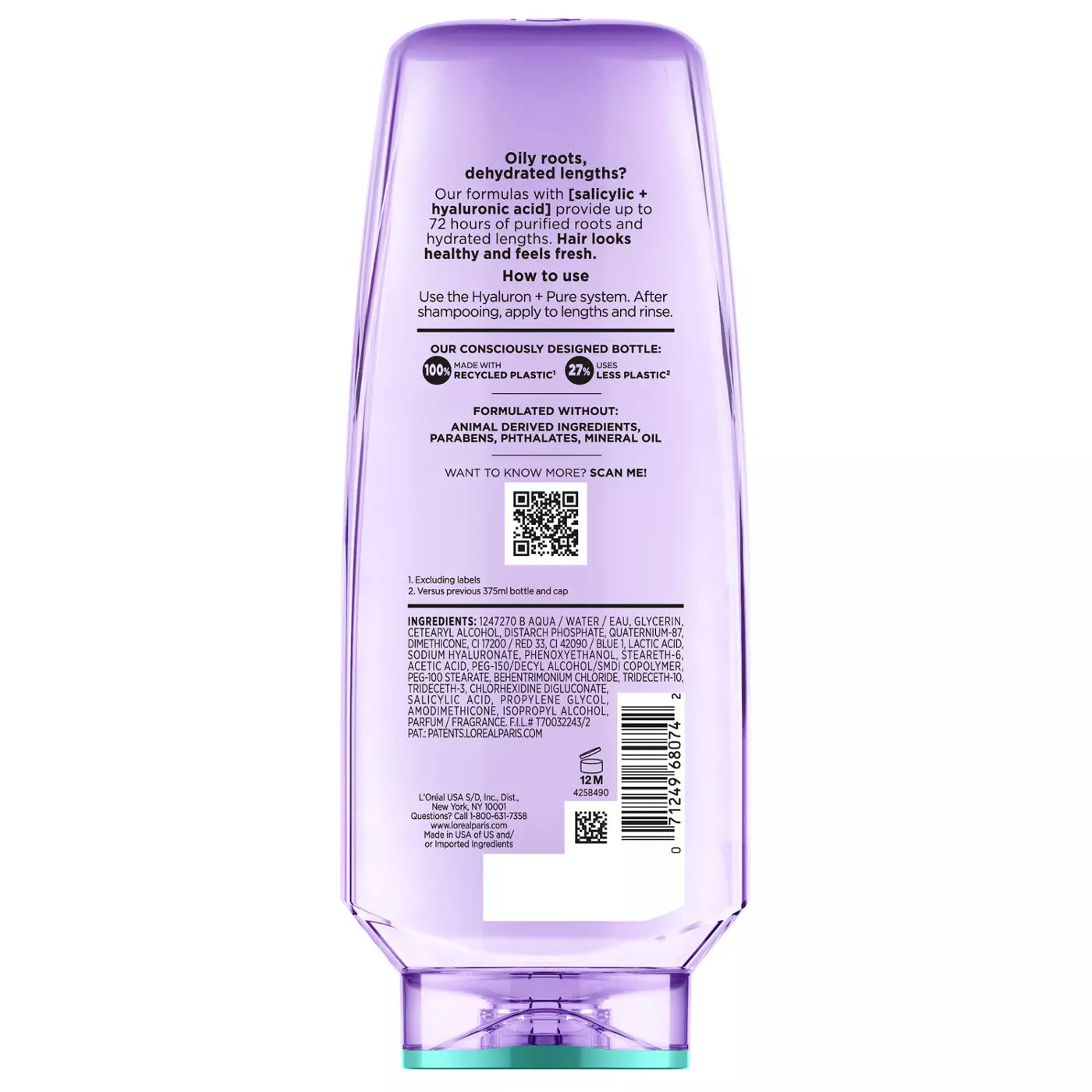 LOREAL PARIS Elvive Hyaluron + Pure Up to 72H Rehydrating Conditioner - Oily Roots & Scalp Dehydrated Length's بلسم لوريال باريس لاعادة ترطيب حتى 72 ساعة