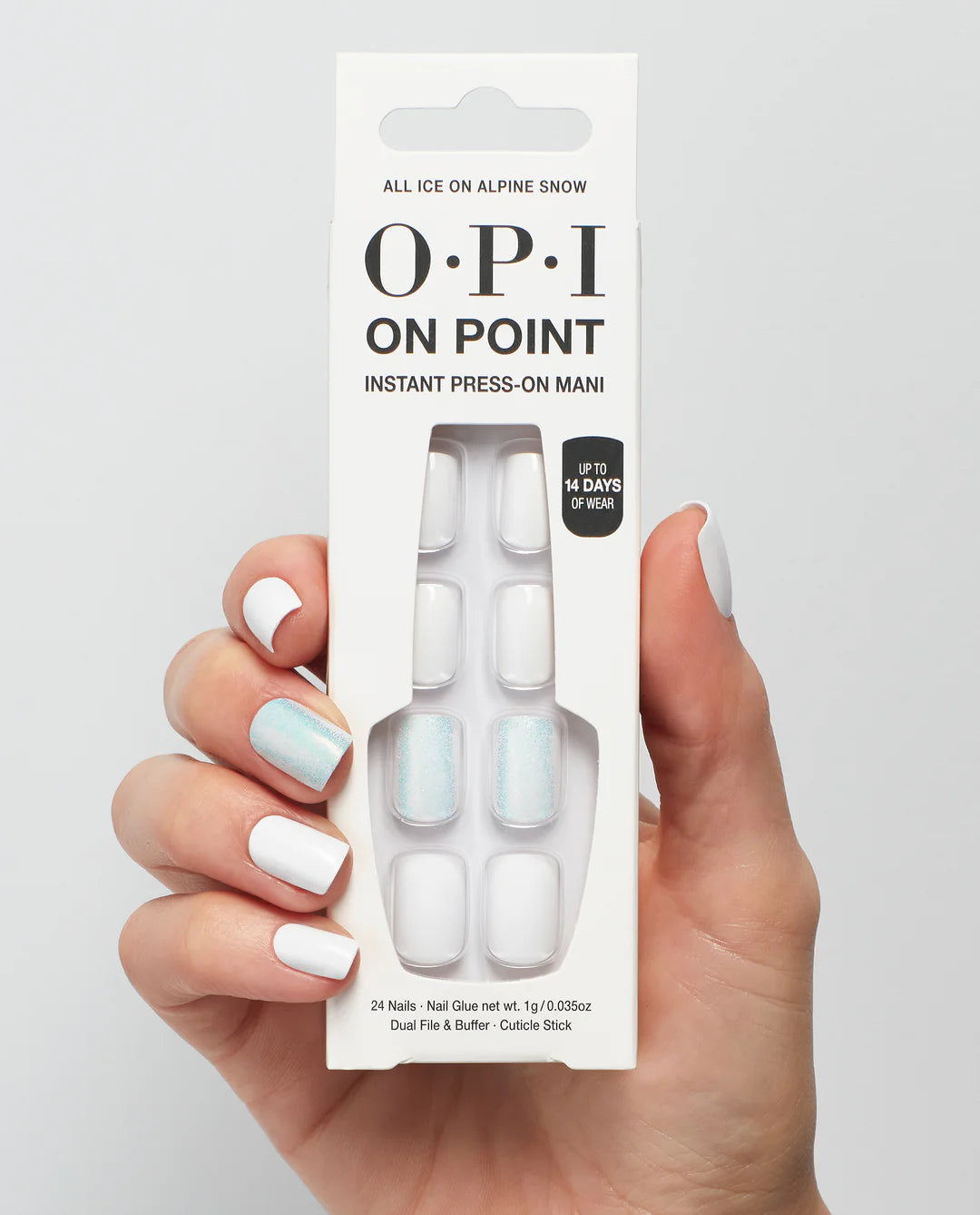 OPI On Point 24 Nails + Nail Glue 1g + Dual File& Buffer All Ice On Alpine Snow اظافر صناعية