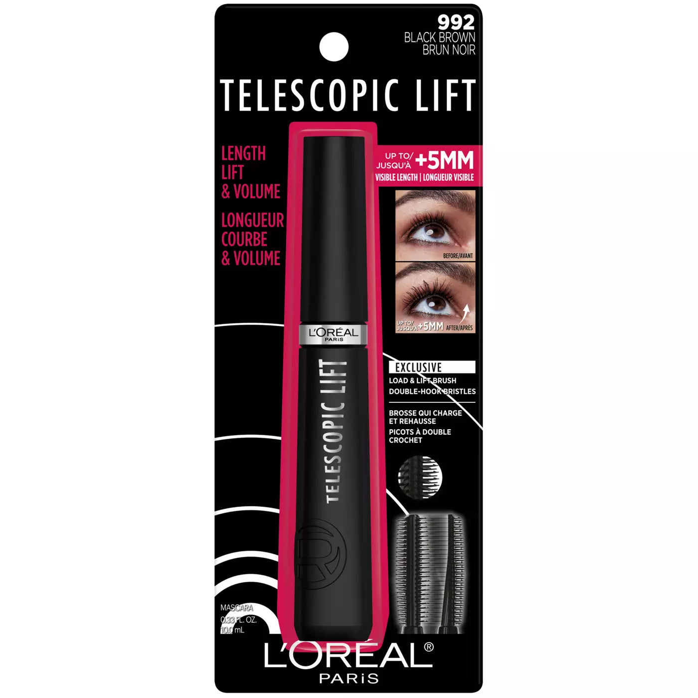 LOREAL PARIS Telescopic Lift Washable Makeup Mascara - 992 Black Brown  ماسكارا لوريال باريس