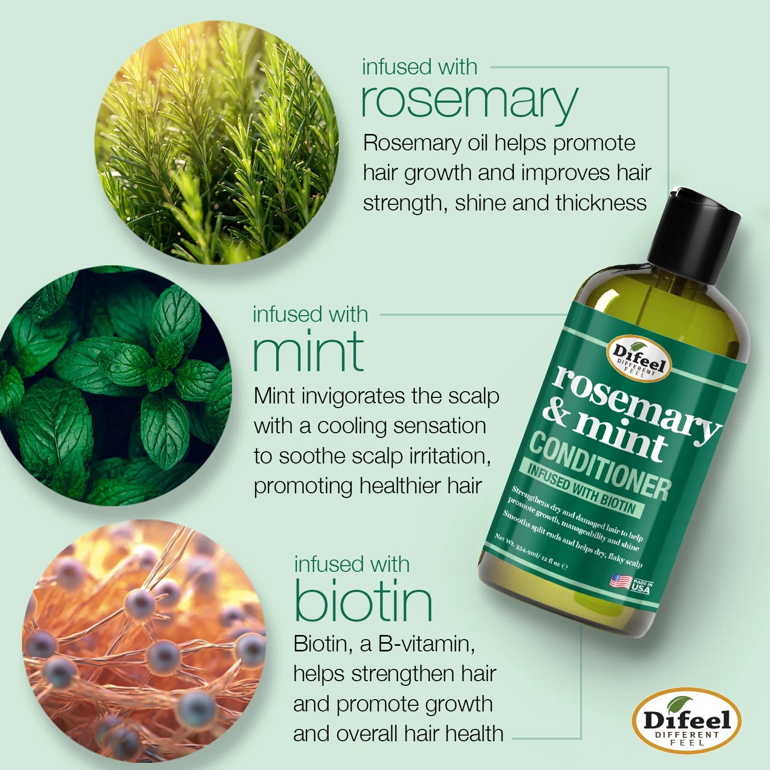 Difeel rosemary & mint shampoo infused with biotin شامبو الشعر بزيت اكليل الجبل والنعناع من ديفيل