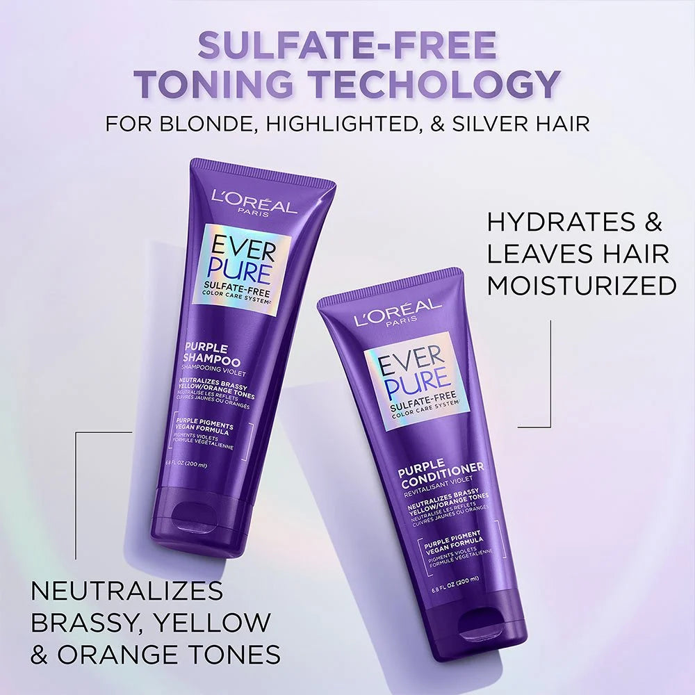 LOREAL PARIS Ever Pure Sulfate Free Purple Shampoo شامبو لورِيال باريس  لتوحيد اللون وتقليل الاصفرار في الشعر الأشقر