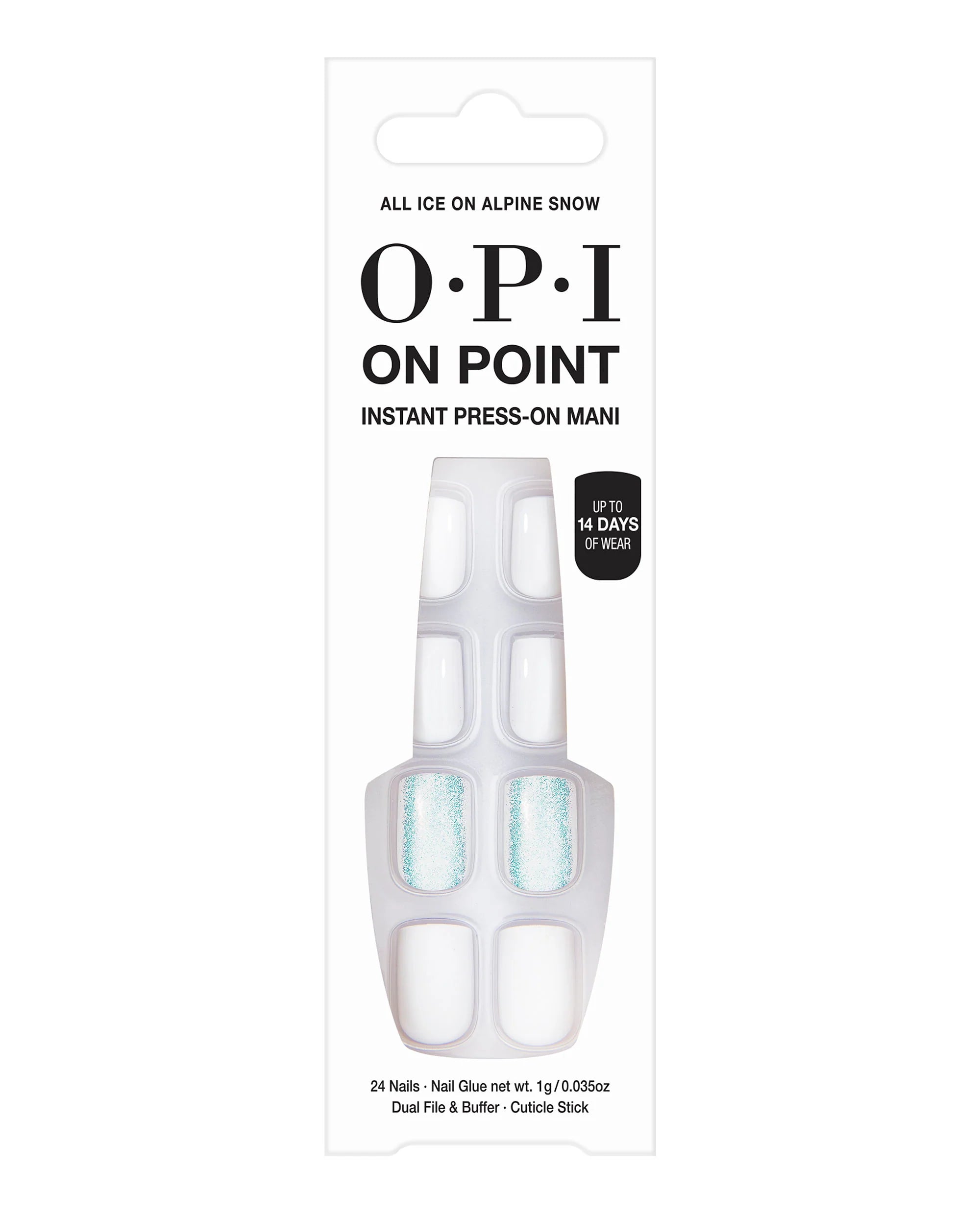 OPI On Point 24 Nails + Nail Glue 1g + Dual File& Buffer All Ice On Alpine Snow اظافر صناعية