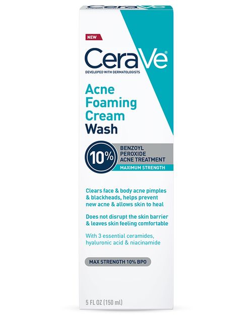 CERAVE Acne Foaming Cream Wash 10% benoyl perpxide acne treatmint maximum strength غسول حب الشباب بنسبة 10% من بيروكسيد البنزويل للوجه والجسم