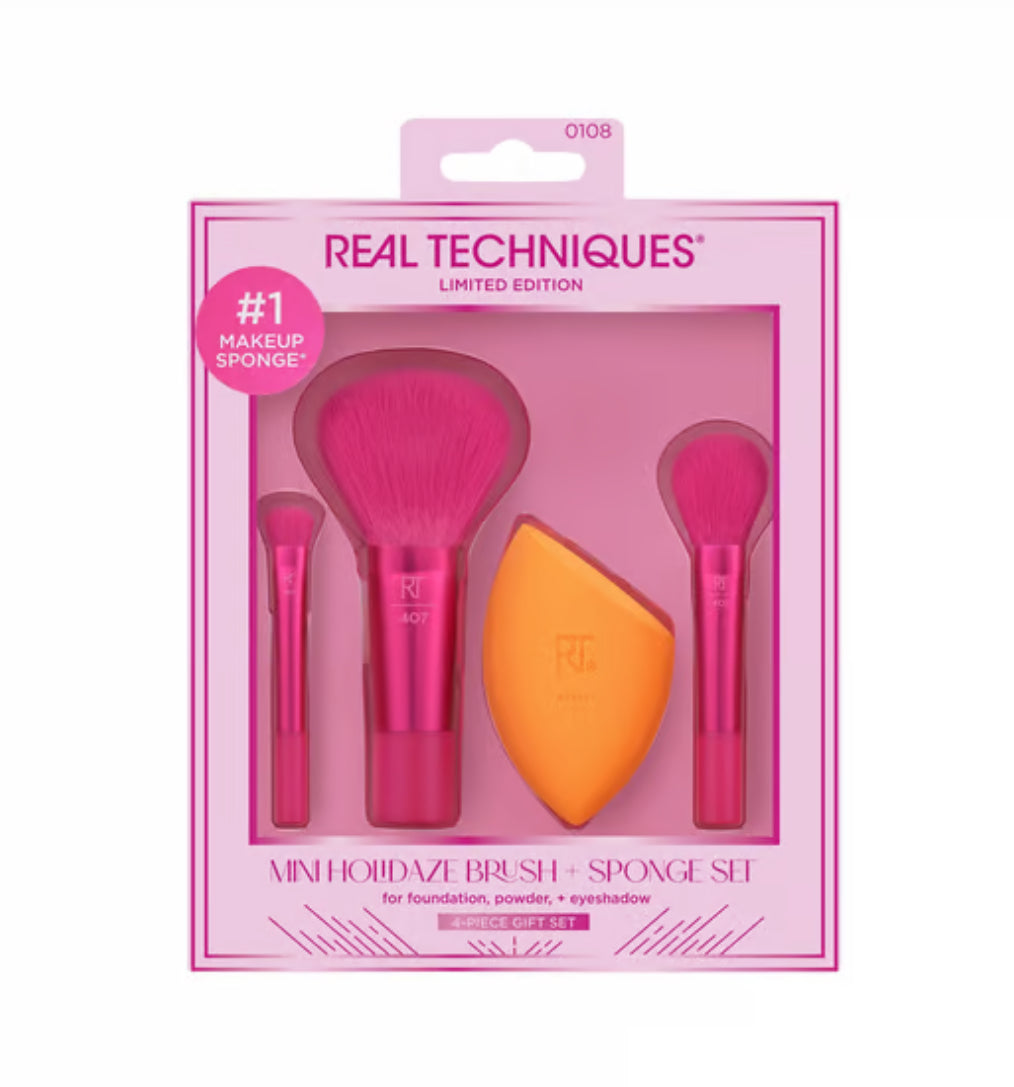 REAL TECHNIQUES limited edition mini holidaze brush + sponge set for foundation powder _ eyeshadow 4 piece gift set