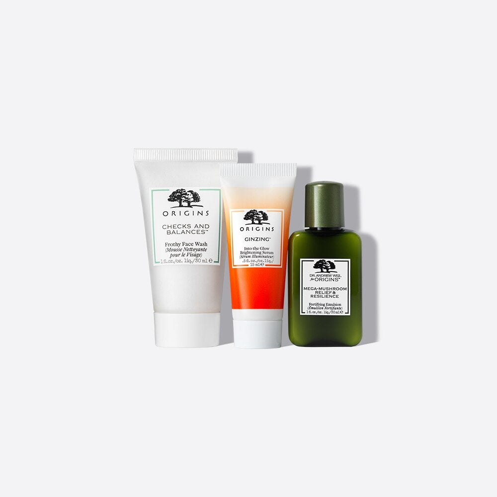 ORIGINS Tiny Trio Mini Cleanser Serum & Moisturizer Trio مجموعة العناية بالبشرة بحجم السفر