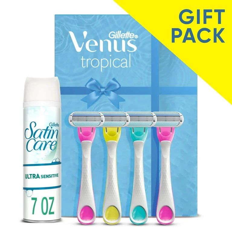 VENUS Gillette Venus Tropical Women's Disposable Razors, 4ct + Satin Care Ultra Sensitive Shave Gel