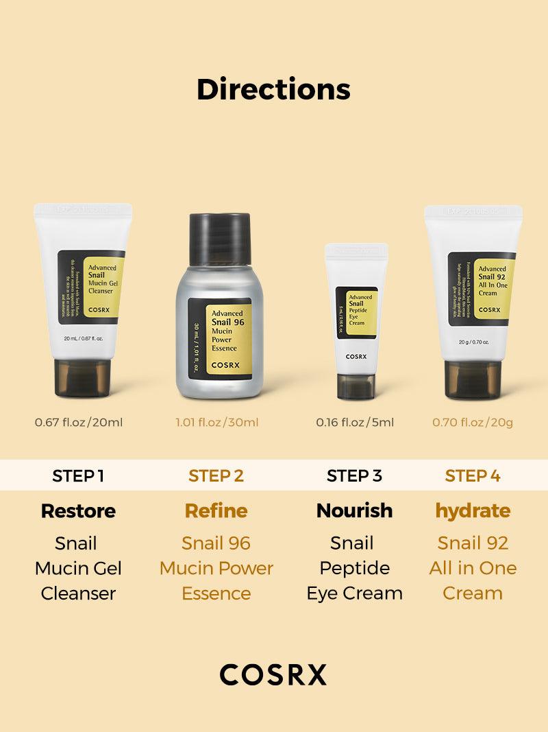 COSRX All About Snail Kit 4 Step For Dry Skin  & Dark Skin مجموعة هلام الحلزون من كوزركس بالحجم المني