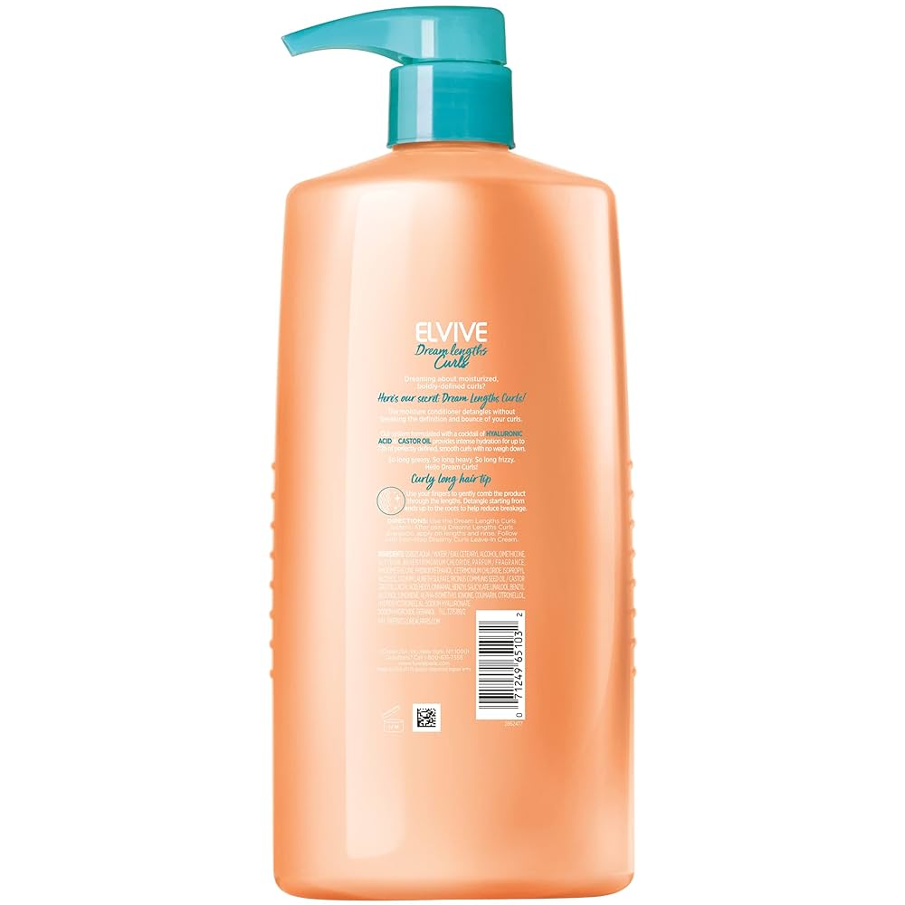 LOREAL PARIS Elvive Dream Lengths Curls Moisture Seal Conditioner Hyaluronic Acid + Castor Oil - Wavy to Curly Hair  لوريال باريس بلسم مثبت الرطوبة بحمض الهيالورونيك وزيت الخروع للشعر المموج الى المجعد
