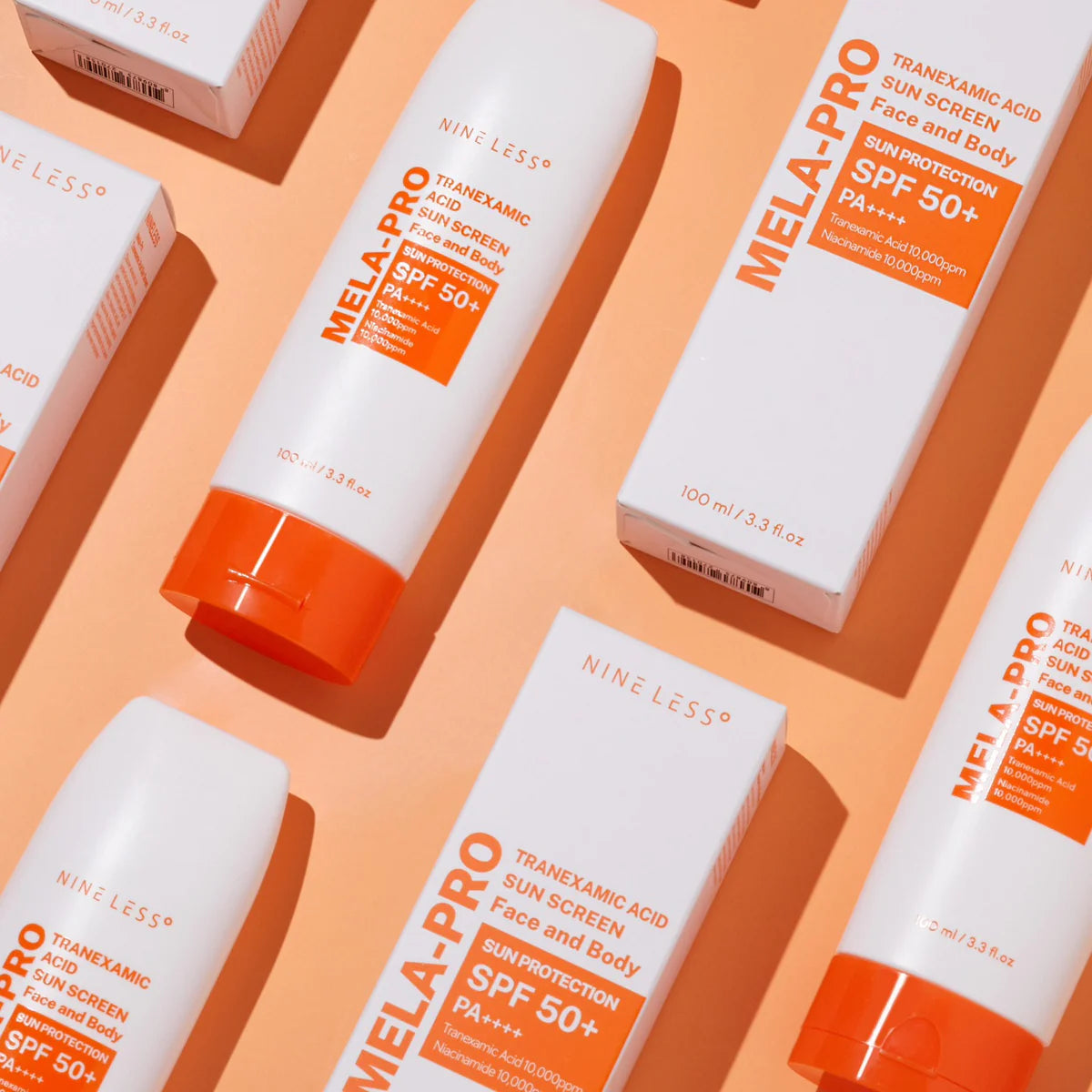 NINE LESS mela pro tranexamic acid sunscreen face and body sun protection spf 50 + pa +++ واقي الشمس بالترانزاميك اسد من ناين ليس