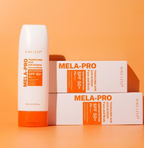 NINE LESS mela pro tranexamic acid sunscreen face and body sun protection spf 50 + pa +++ واقي الشمس بالترانزاميك اسد من ناين ليس