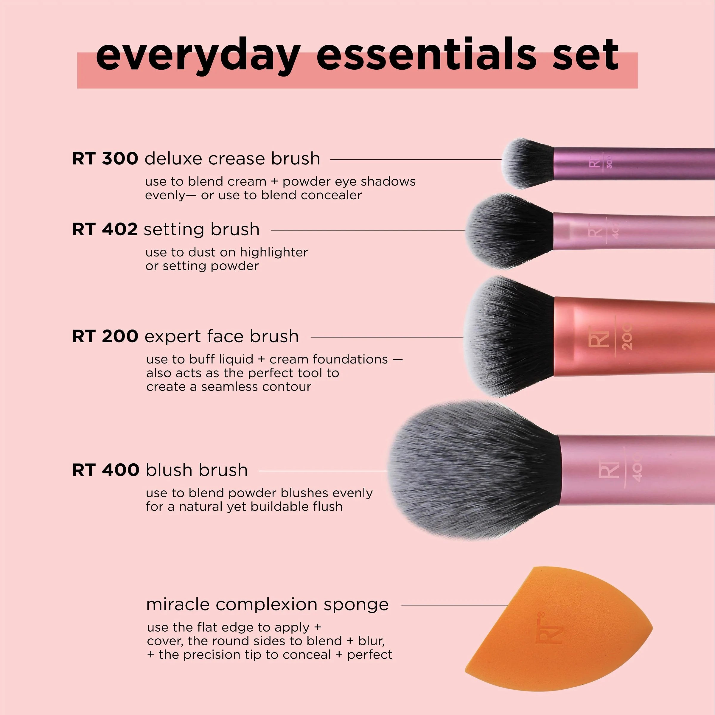 REAL TECHNIQUES Everyday Essentials For Blush + foundation + shadow + highlighter + concealer مجموعة الفرش الاساسية للمكياج من ريل تيكنيك