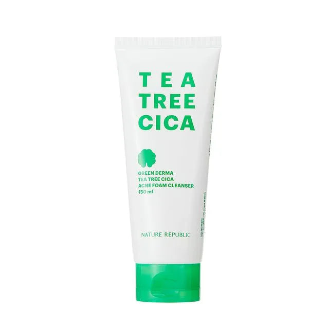 NATURE REPUBLIC Tea Tree Cica Acne Foam Cleanser Green Derma Moisture Soothing Care For Sensitive Skin غسول البشرة الحساسة بالشاي الاخضر والسيكا