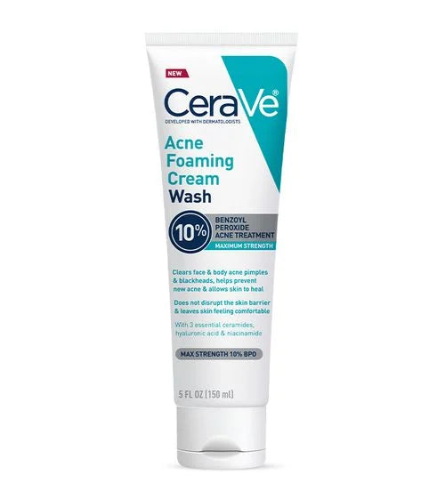 CERAVE Acne Foaming Cream Wash 10% benoyl perpxide acne treatmint maximum strength غسول حب الشباب بنسبة 10% من بيروكسيد البنزويل للوجه والجسم