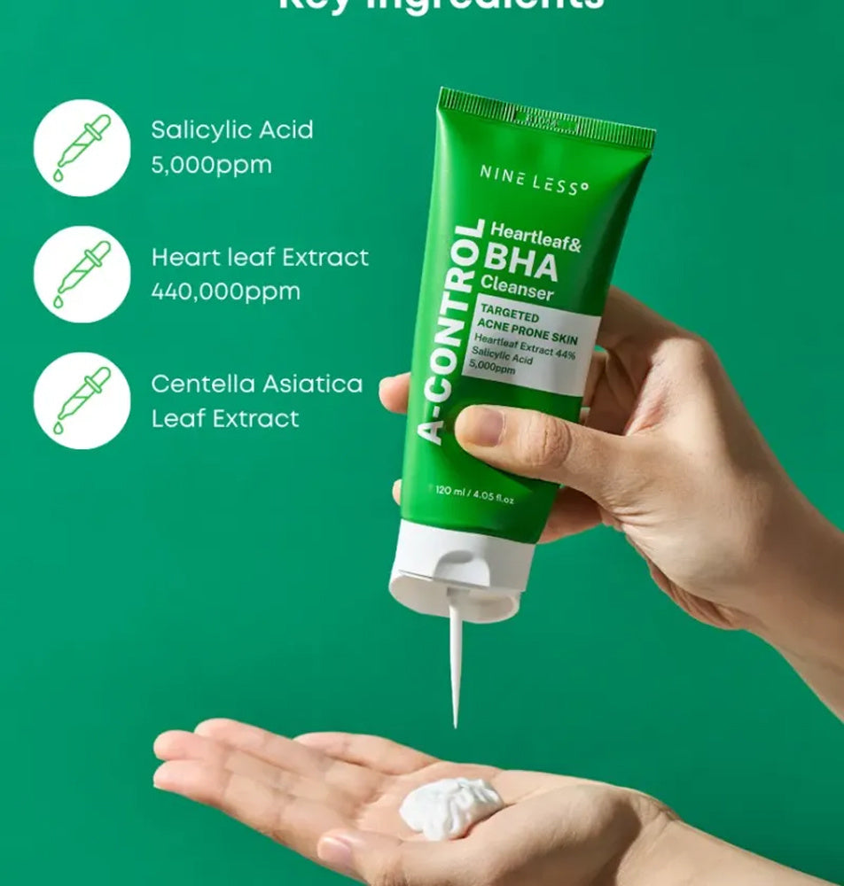 NINE LESS a control heartleaf & bha cleanser targeted acne prone skin غسول البشرة لعلاج الحبوب من ناين ليس