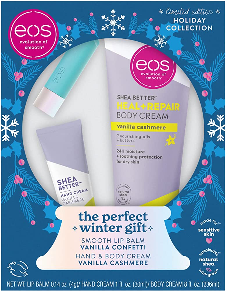 EOS Holiday Collection The Perfect Winter Gift Smooth Lip Balm Vanilla Confetti Hand & Body Cream Vanilla Cashmere